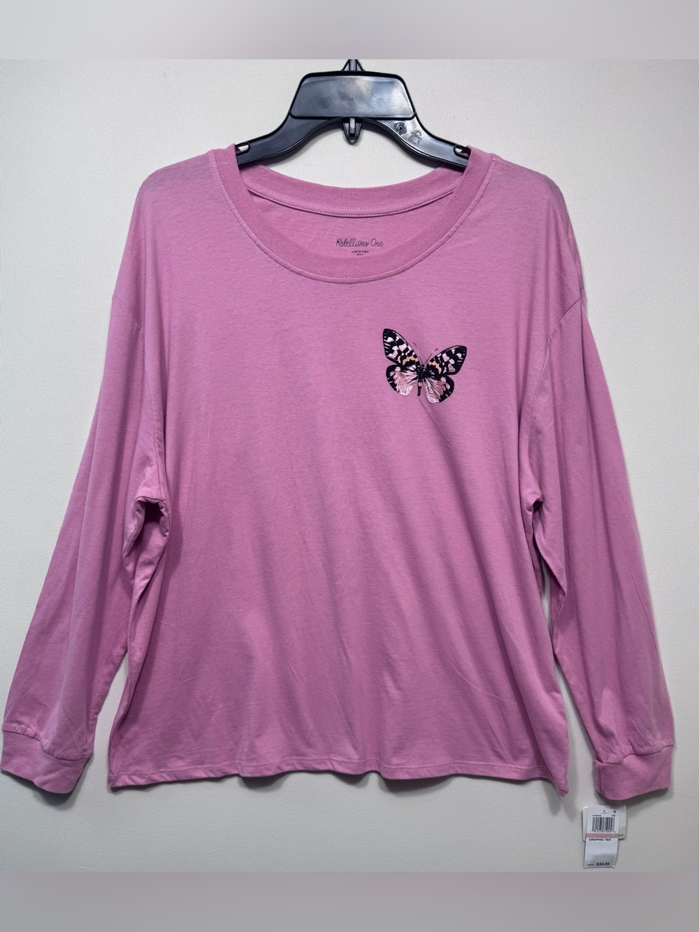 Rebellious One Pink Butterfly Graphic Long-sleeve crewneck graphic t-shirt nwt